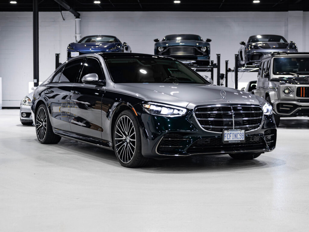 Two-tone PPF on 2025 Mercedes S580 Emerald Green — front three-quarter view, Markham